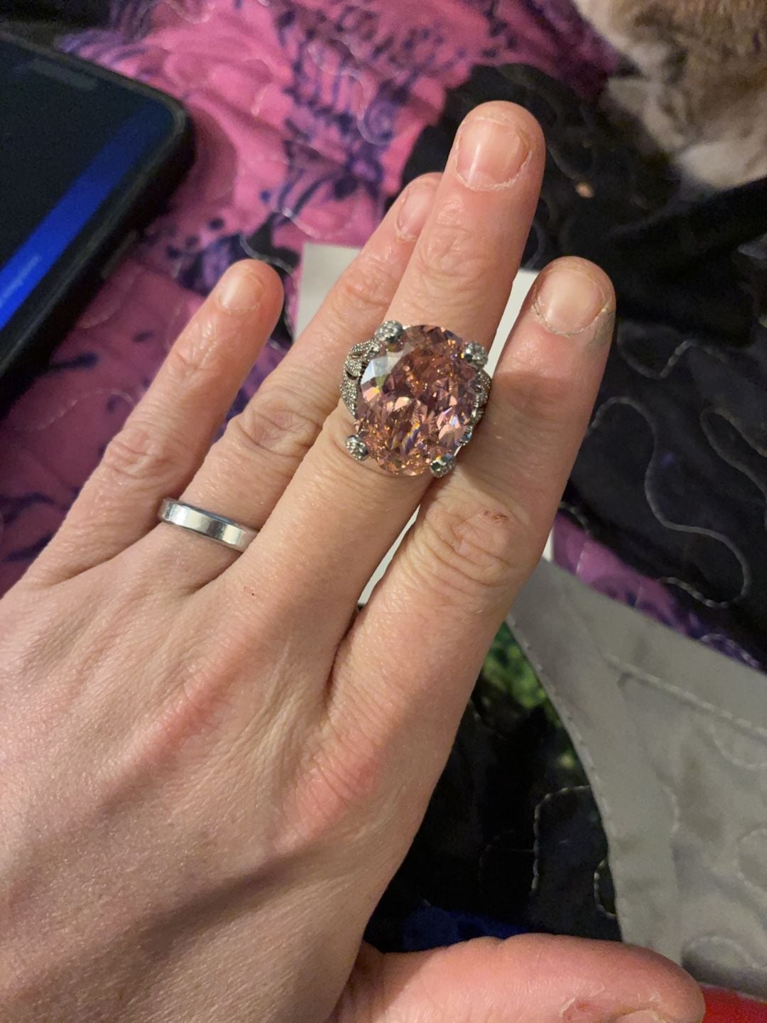 Large Oval Pink Cubic Zirconia Statement Ring With Pave Accents Adjustable Size.